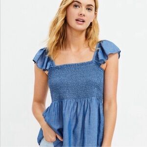 LOFT Chambray Smocked Peplum Shell Tank in Blue Small